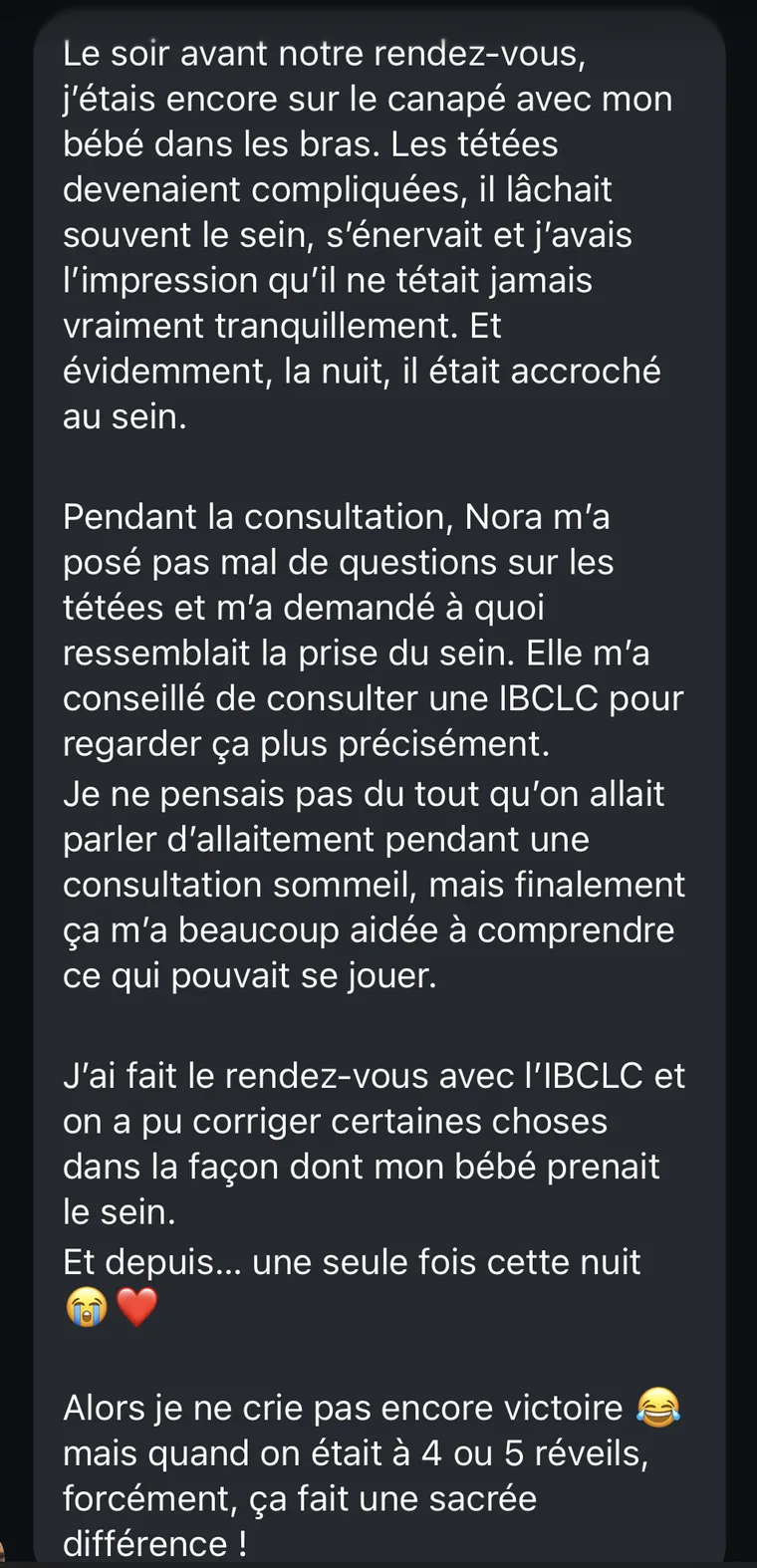 Message d'une maman : Nora l'a orientée vers une consultante en lactation, son bébé de 5 mois ne se réveille plus qu'une fois par nuit