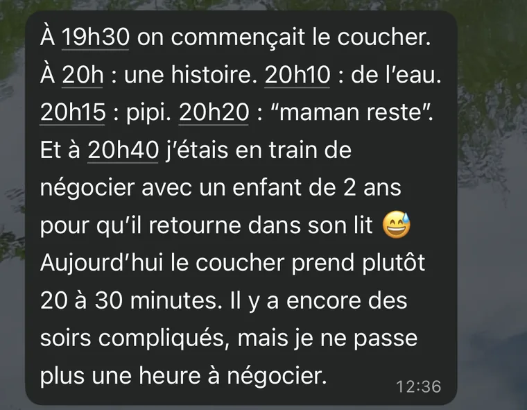 Message d'une maman : le coucher s'étirait de 19h30 à 20h40, il prend maintenant 20 à 30 minutes