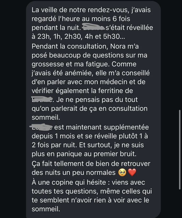 Message d'une maman : après la consultation, sa fille a été supplémentée en fer et se réveille désormais une à deux fois par nuit